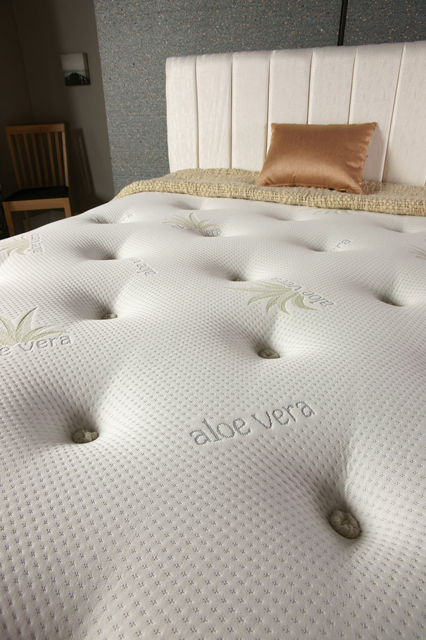 Aloe vera infused pocket spring mattress with natural cooling cover and 1000 pocket springs, by Tender Sleep.