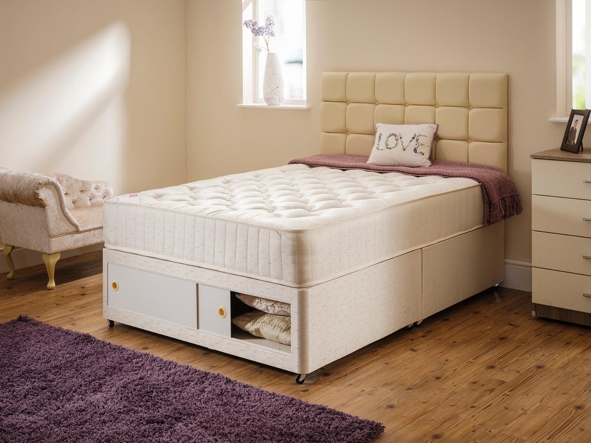 Crystal open coil spring mattress in damask fabric providing comfort and back support, by Tender Sleep.