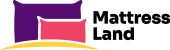 Mattress Land logo featuring purple and pink pillows with a colorful sun graphic.