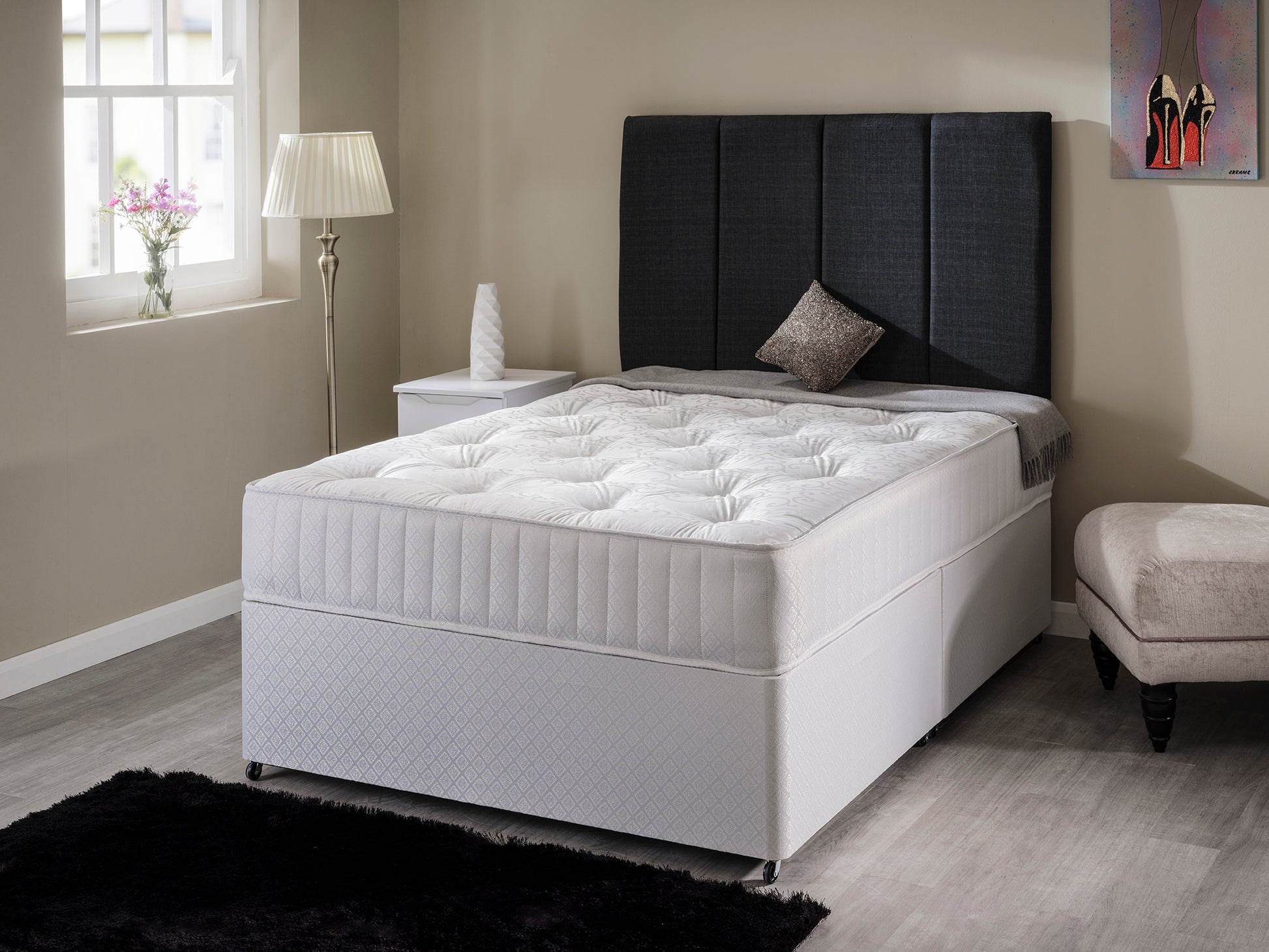 White damask tufted orthopaedic mattress with 12.5G springs by Tender Sleep, available in various sizes.