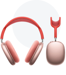Rose gold wireless headphones with soft ear cushions and a matching carrying case.