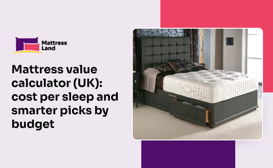 A stylish bedroom featuring a gray upholstered bed with a mattress, highlighting the "Mattress value calculator (UK)" theme.